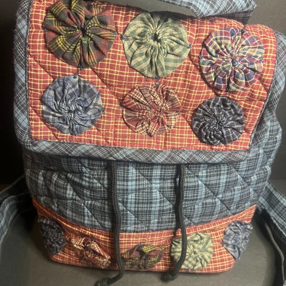 Irene's Quilts Rare Blue & Red Quilted Applique Fabric Medium Size Backpack 12" - Picture 3 of 10